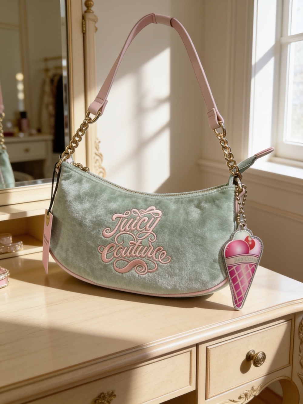 Juicy Couture Mint Green Velvet Shoulder Bag with Pink Trim and Ice Cream Charm
